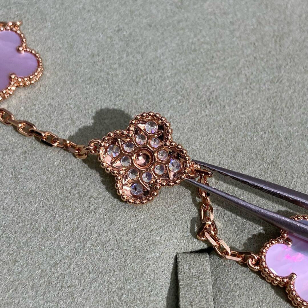 [LUXE JEWELRY]CLOVER 10 MOTIFS DIAMOND PINK MOP NECKLACE