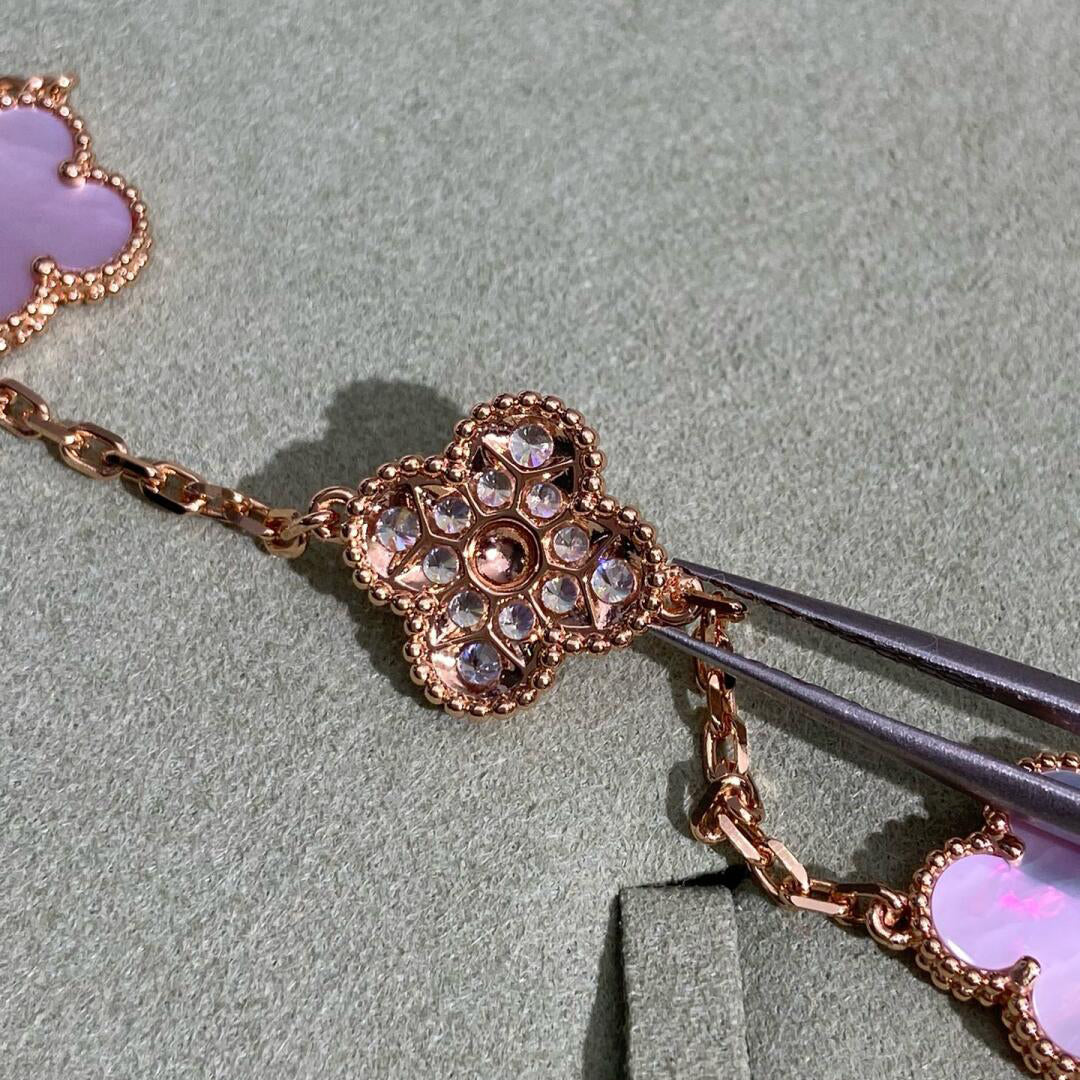 [LUXE JEWELRY]CLOVER 10 MOTIFS DIAMOND PINK MOP NECKLACE