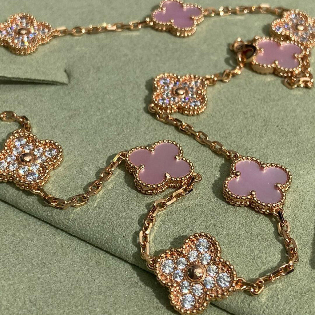 [LUXE JEWELRY]CLOVER 10 MOTIFS DIAMOND PINK MOP NECKLACE