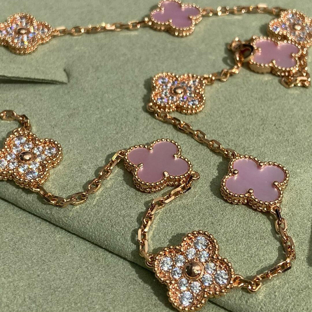 [LUXE JEWELRY]CLOVER 10 MOTIFS DIAMOND PINK MOP NECKLACE