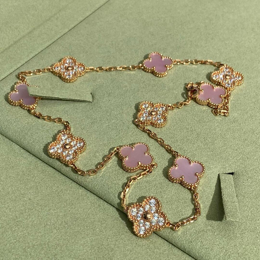 [LUXE JEWELRY]CLOVER 10 MOTIFS DIAMOND PINK MOP NECKLACE