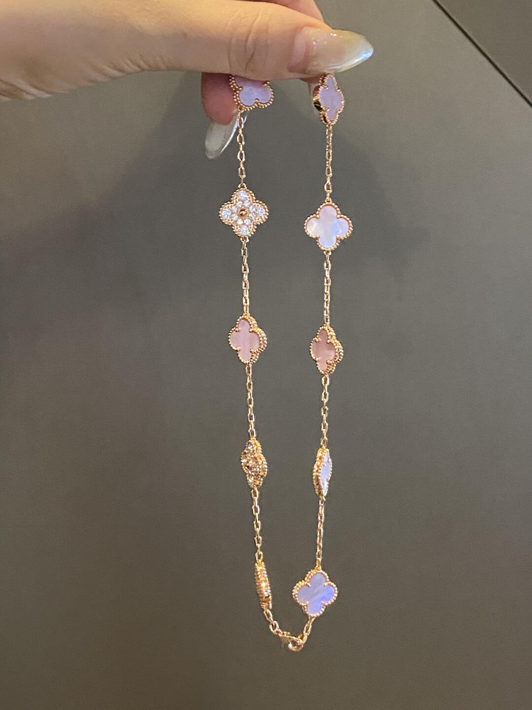 [LUXE JEWELRY]CLOVER 10 MOTIFS DIAMOND PINK MOP NECKLACE