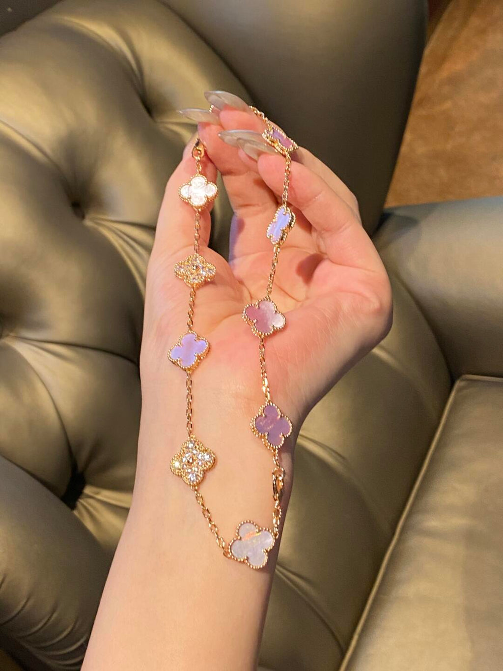 [LUXE JEWELRY]CLOVER 10 MOTIFS DIAMOND PINK MOP NECKLACE