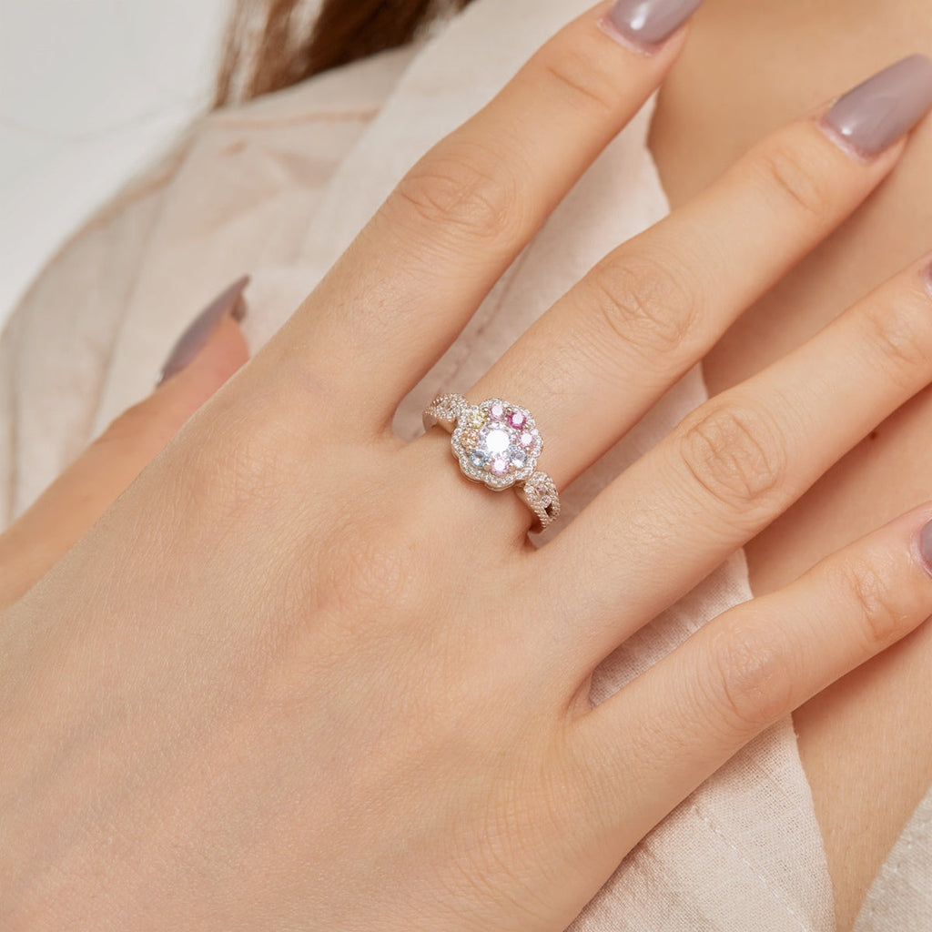 [LUXE] Bague de mariage délicate et colorée en forme de fleur coupée ronde