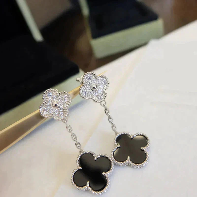 [LUXE JEWELRY]CLOVER 2 MOTIFS  DIAMOND ONYX EARRINGS SILVER