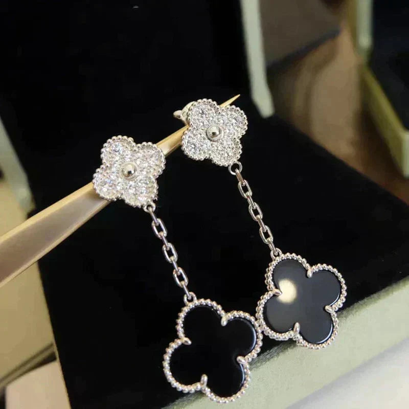 [LUXE JEWELRY]CLOVER 2 MOTIFS  DIAMOND ONYX EARRINGS SILVER