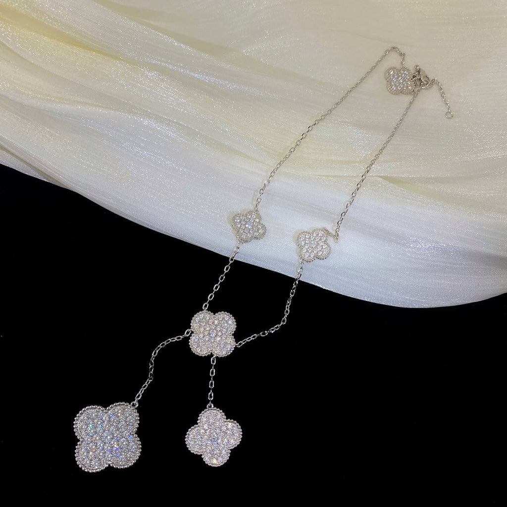 [LUXE JEWELRY]CLOVER 5 MOTIFS SILVER DIAMONDS NECKLACE