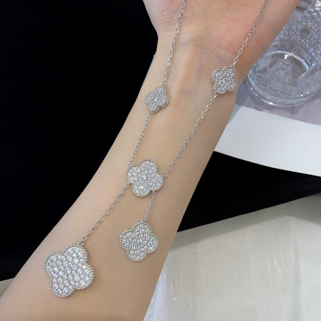 [LUXE JEWELRY]CLOVER 5 MOTIFS SILVER DIAMONDS NECKLACE