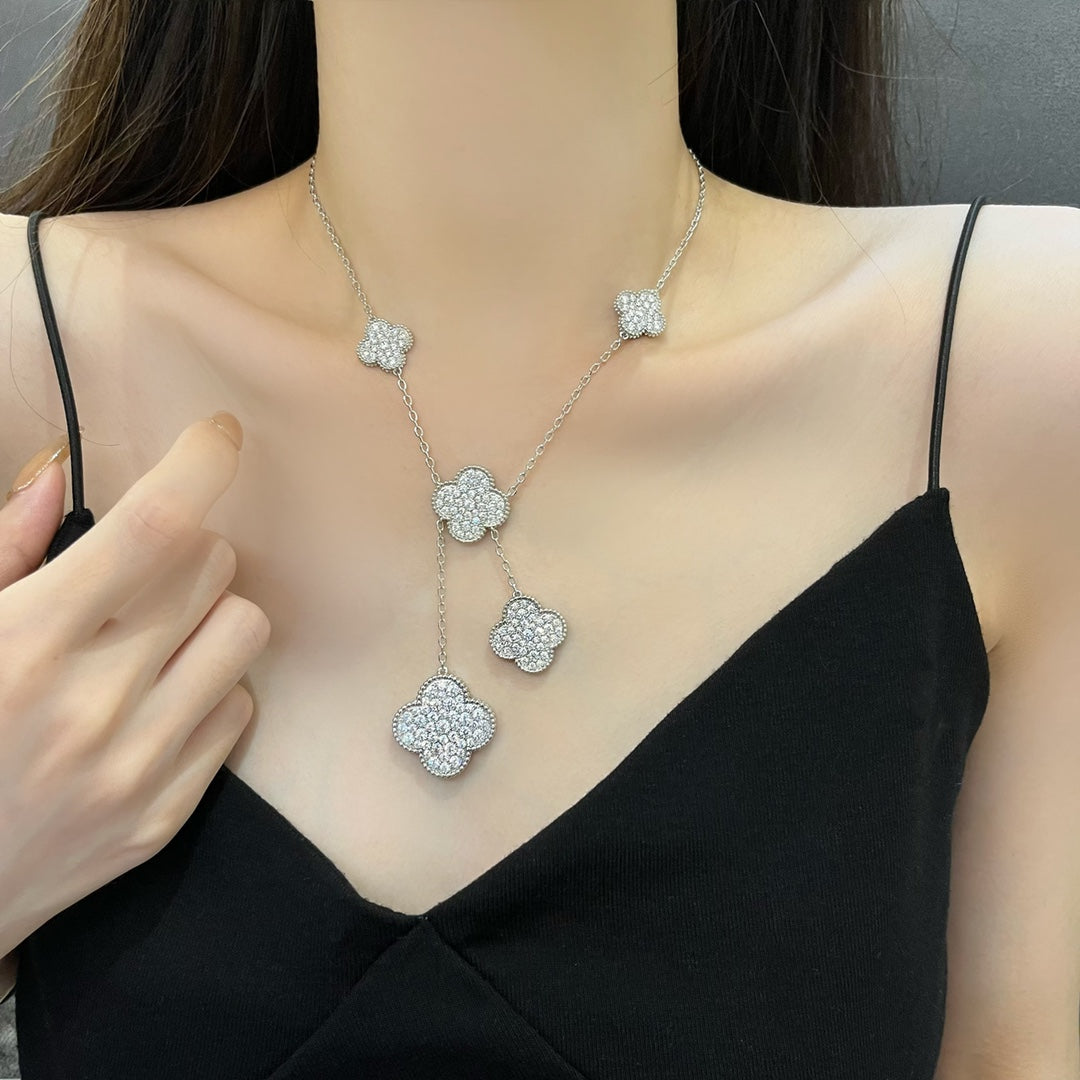 [LUXE JEWELRY]CLOVER 5 MOTIFS SILVER DIAMONDS NECKLACE