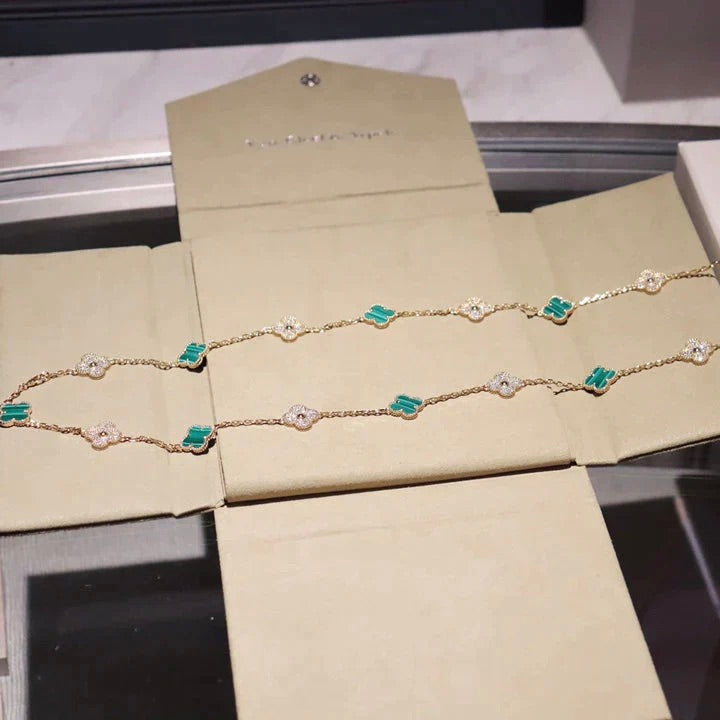 [LUXE JEWELRY]CLOVER 20 MOTIFS MALACHITE DIAMOND NECKLACE