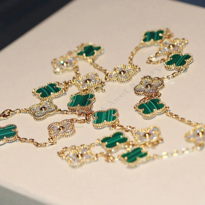 [LUXE JEWELRY]CLOVER 20 MOTIFS MALACHITE DIAMOND NECKLACE