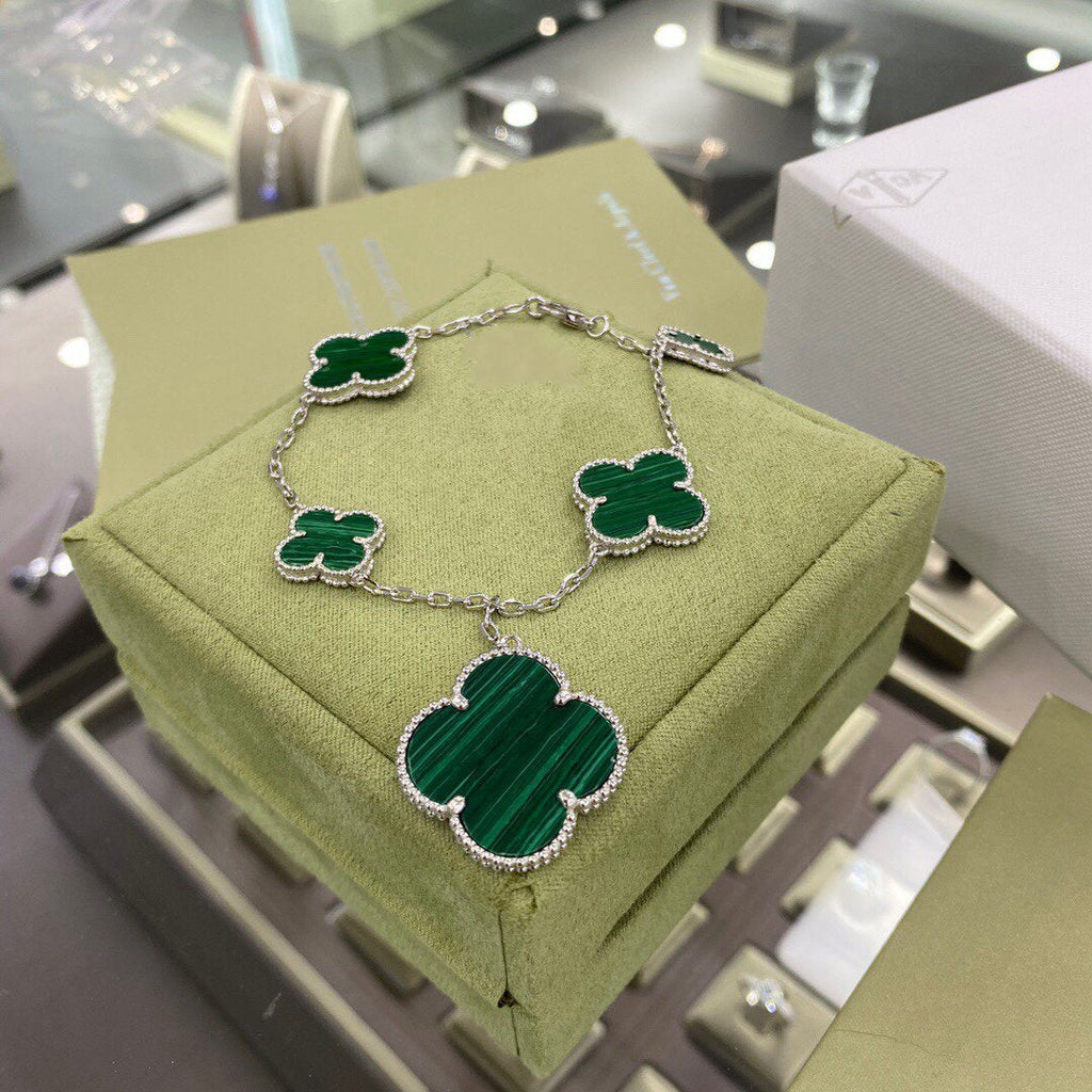 [LUXE JEWELRY]CLOVER 5 MOTIFS SIVLER MALACHITE BRACELET