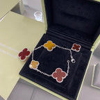 [LUXE JEWELRY]CLOVER 5 MOTIFS SIVLER CARNELIAN TIGER EYE BRACELET