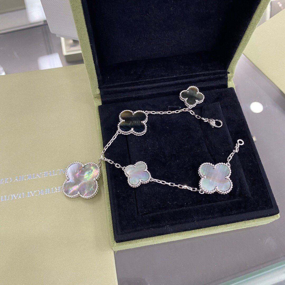[LUXE JEWELRY]CLOVER 5 MOTIFS SIVLER DARK MOP BRACELET