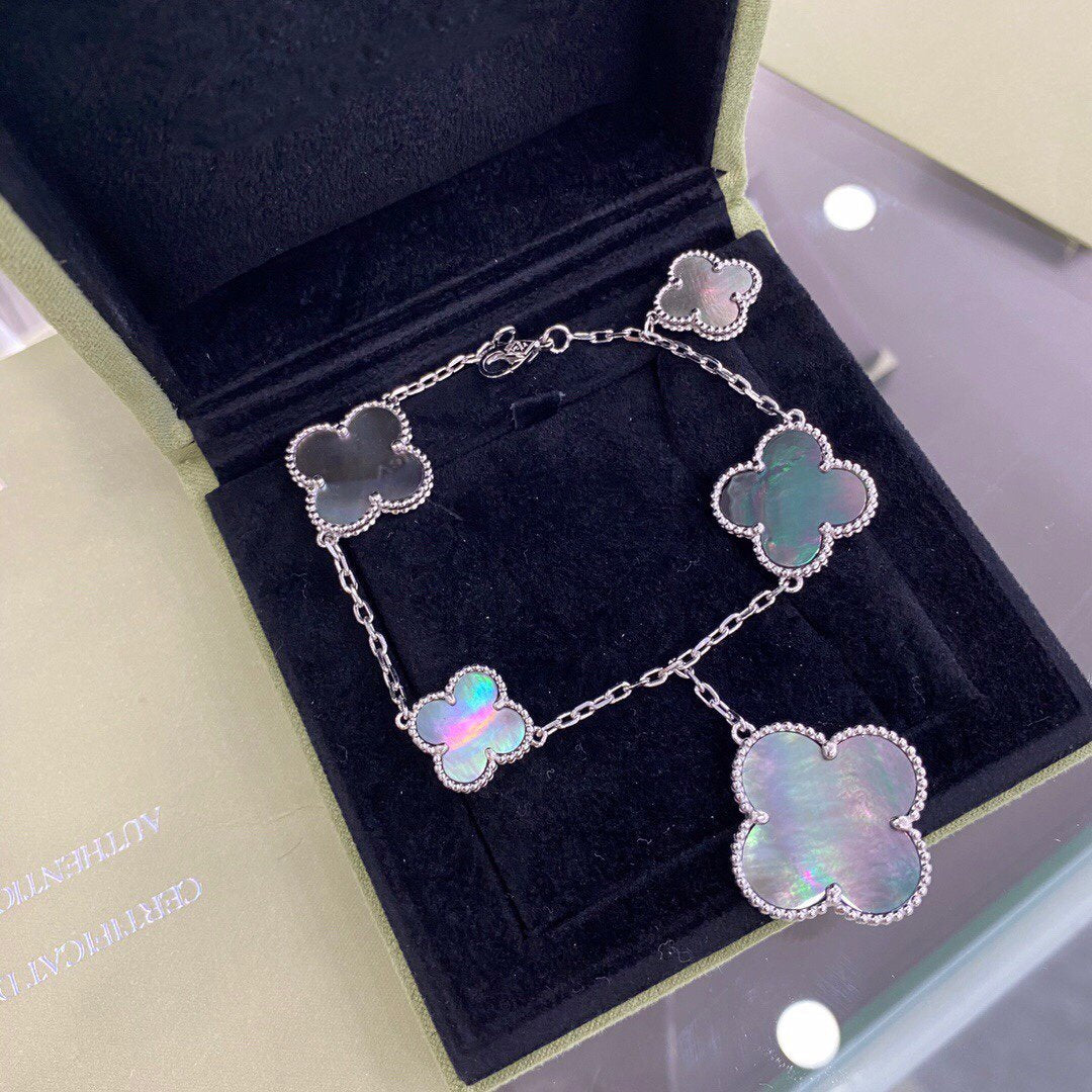 [LUXE JEWELRY]CLOVER 5 MOTIFS SIVLER DARK MOP BRACELET