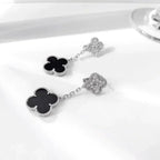 [LUXE JEWELRY]CLOVER 2 MOTIFS  DIAMOND ONYX EARRINGS SILVER