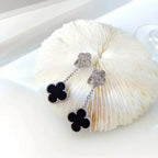 [LUXE JEWELRY]CLOVER 2 MOTIFS  DIAMOND ONYX EARRINGS SILVER