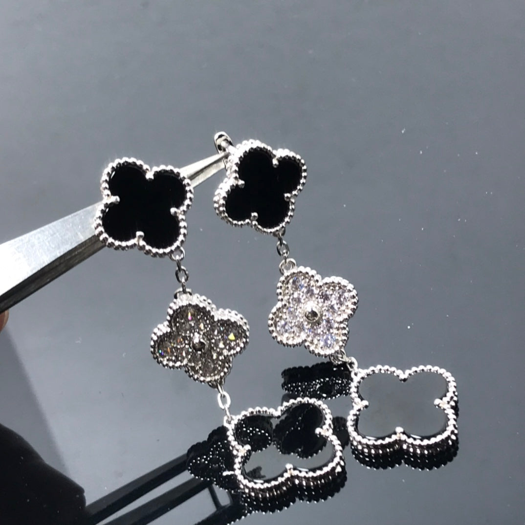 [LUXE JEWELRY]CLOVER 3 MOTIF DIAMOND ONYX SILVER EARRINGS