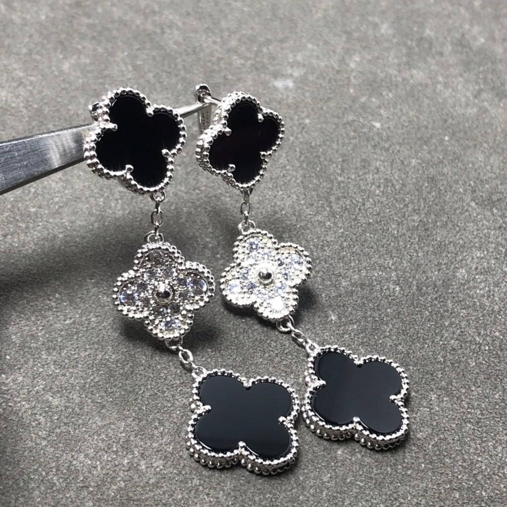 [LUXE JEWELRY]CLOVER 3 MOTIF DIAMOND ONYX SILVER EARRINGS