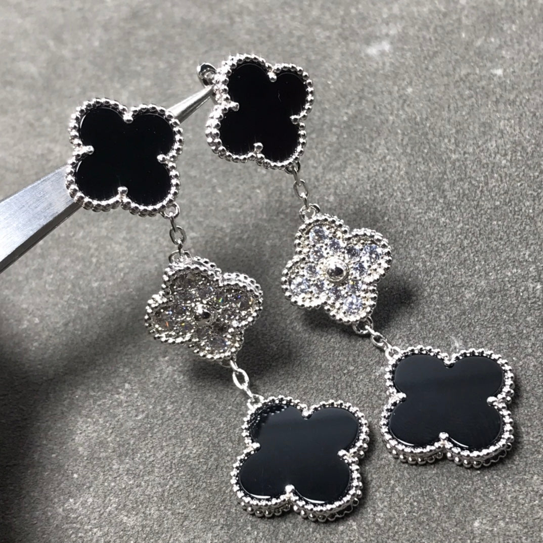 [LUXE JEWELRY]CLOVER 3 MOTIF DIAMOND ONYX SILVER EARRINGS