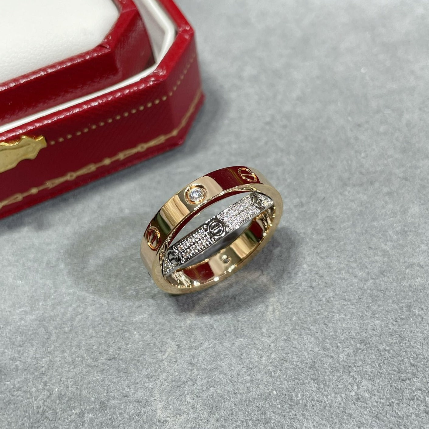 [LUXE JEWELRY] LOVE PINK GOLD SILVER DIAMOND DOUBLE RING