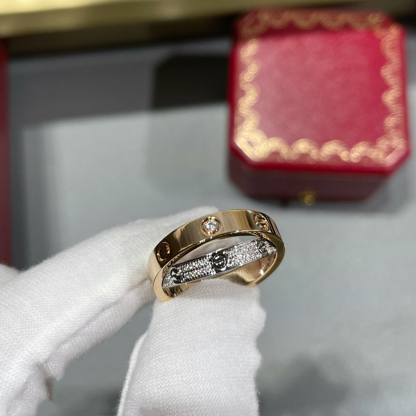 [LUXE JEWELRY] LOVE PINK GOLD SILVER DIAMOND DOUBLE RING