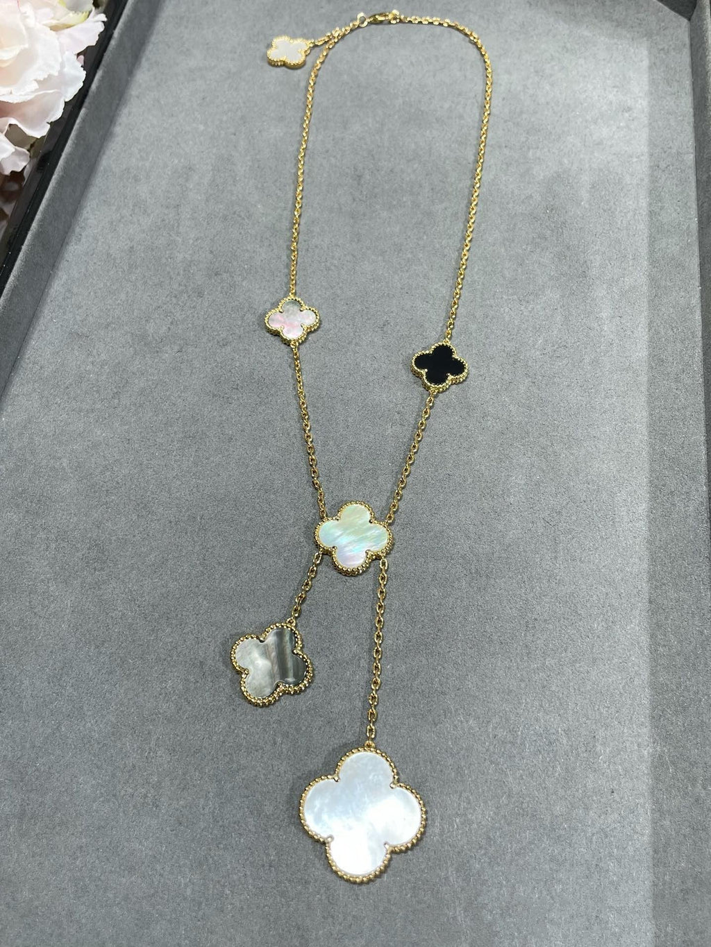 [LUXE JEWELRY]CLOVER 6 MOTIF MOP ONYX GOLD NECKLACE