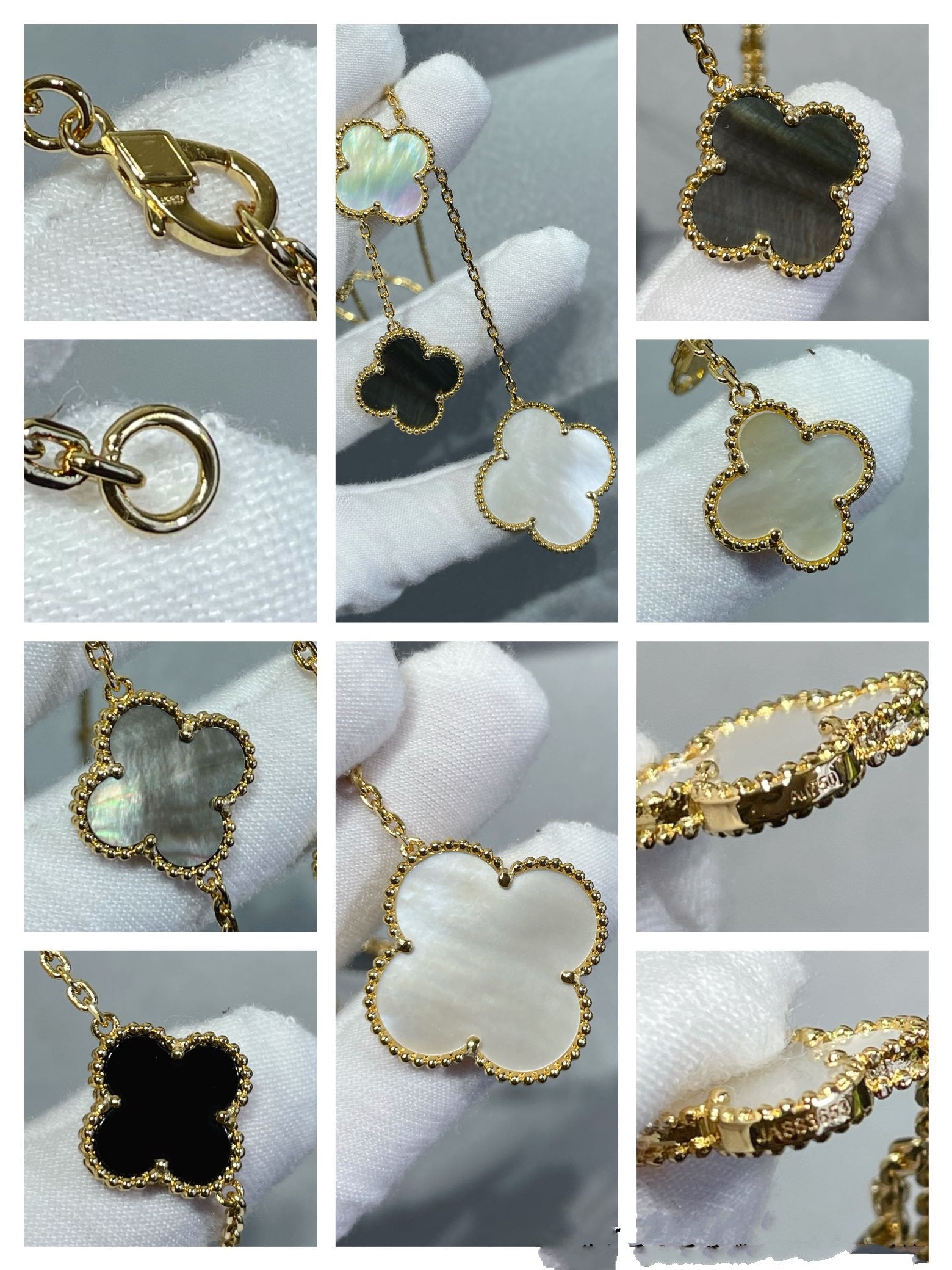 [LUXE JEWELRY]CLOVER 6 MOTIF MOP ONYX GOLD NECKLACE
