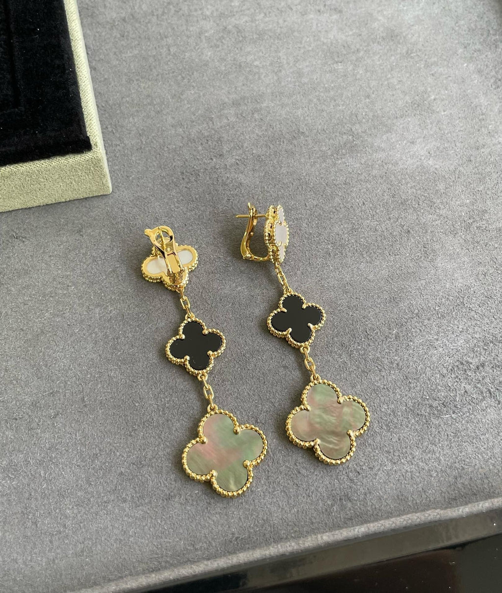 [LUXE JEWELRY]CLOVER 3 MOTIF MOP ONYX DARK MOP PINK GOLD EARRINGS