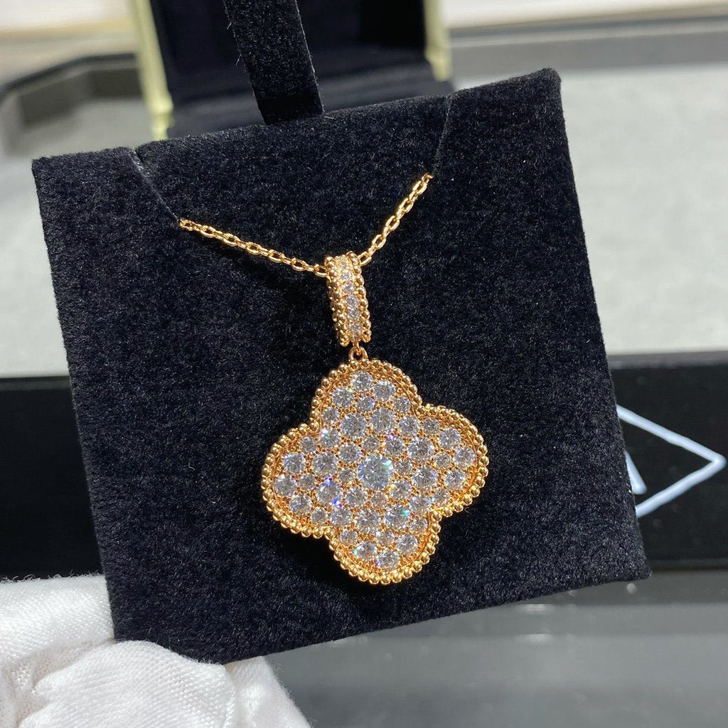 [LUXE JEWELRY]CLOVER 25MM LARGE PEDANT DIAMOND PAVED LONG NECKLACE