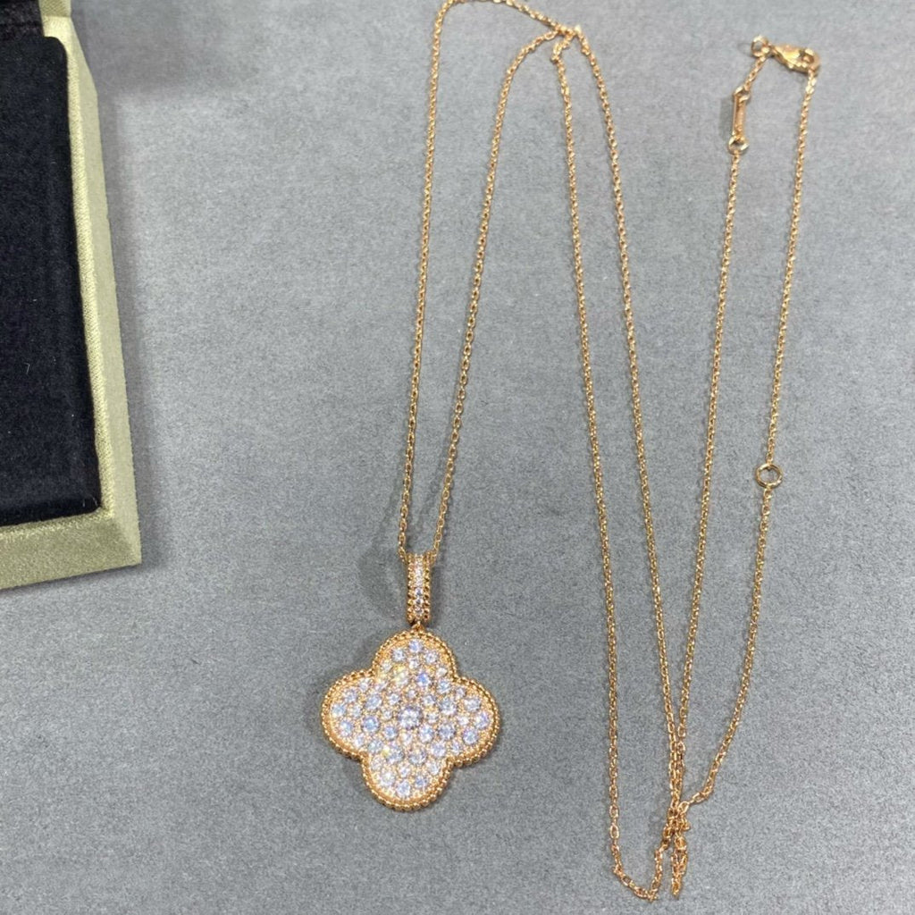 [LUXE JEWELRY]CLOVER 25MM LARGE PEDANT DIAMOND PAVED LONG NECKLACE