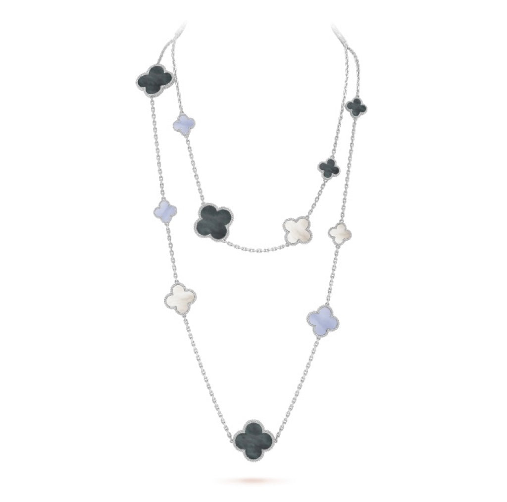 [LUXE JEWELRY]CLOVER 16 MOTIF CHALCEDONY MOP SILVER NECKLACE