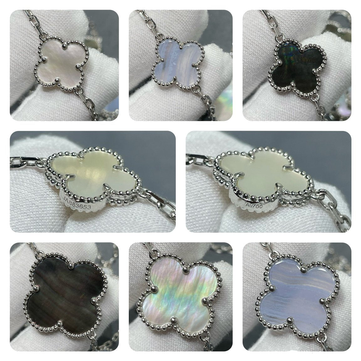 [LUXE JEWELRY]CLOVER 16 MOTIF CHALCEDONY MOP SILVER NECKLACE