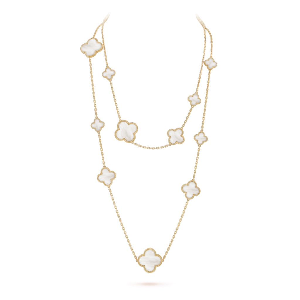 [LUXE JEWELRY]CLOVER 16 MOTIF WHITE MOP GOLD NECKLACE