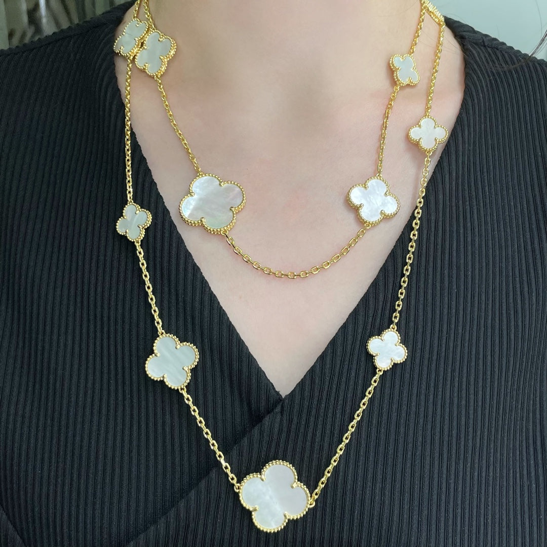 [LUXE JEWELRY]CLOVER 16 MOTIF WHITE MOP GOLD NECKLACE