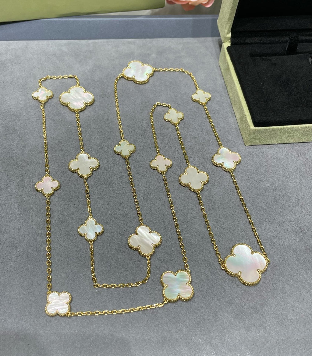 [LUXE JEWELRY]CLOVER 16 MOTIF WHITE MOP GOLD NECKLACE