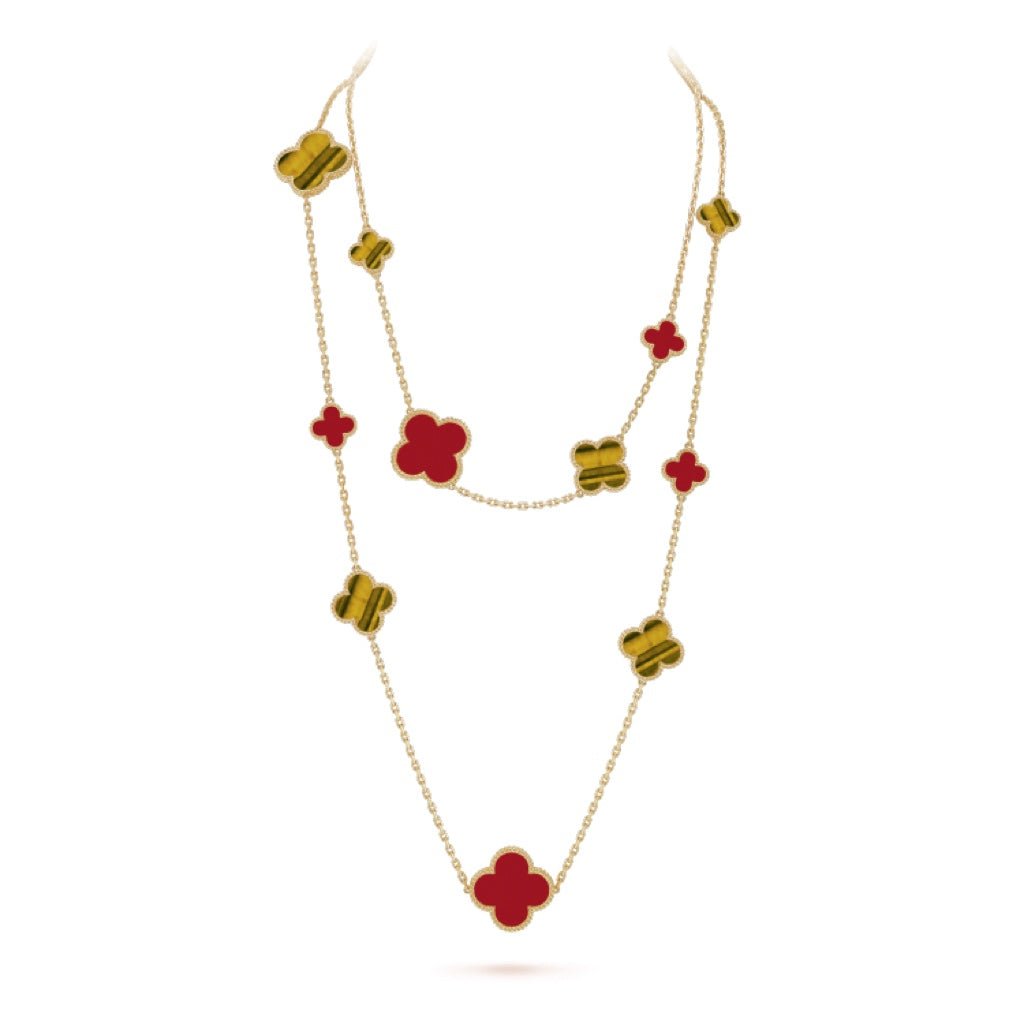 [LUXE JEWELRY]CLOVER 16 MOTIF CARNELIAN TIGER EYE ROSE GOLD NECKLACE
