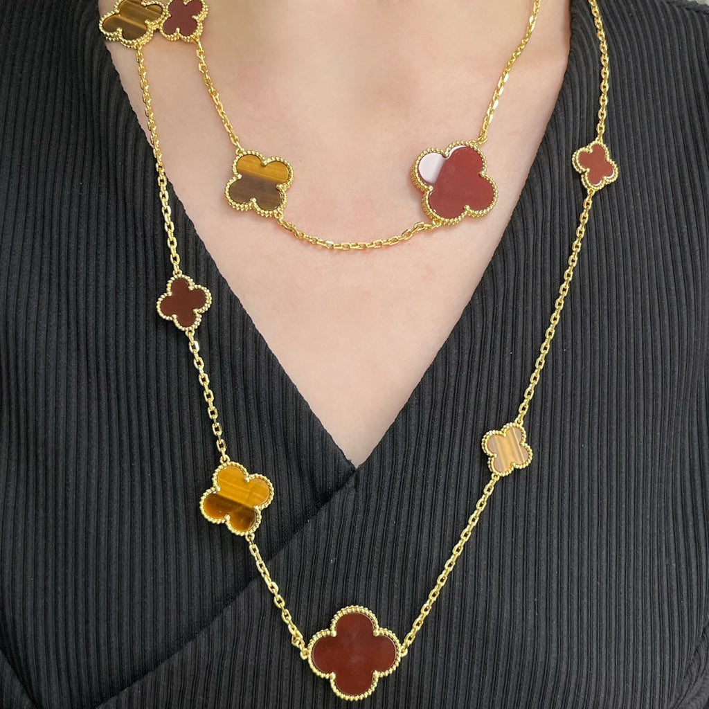 [LUXE JEWELRY]CLOVER 16 MOTIF CARNELIAN TIGER EYE ROSE GOLD NECKLACE