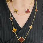 [LUXE JEWELRY]CLOVER 16 MOTIF CARNELIAN TIGER EYE ROSE GOLD NECKLACE
