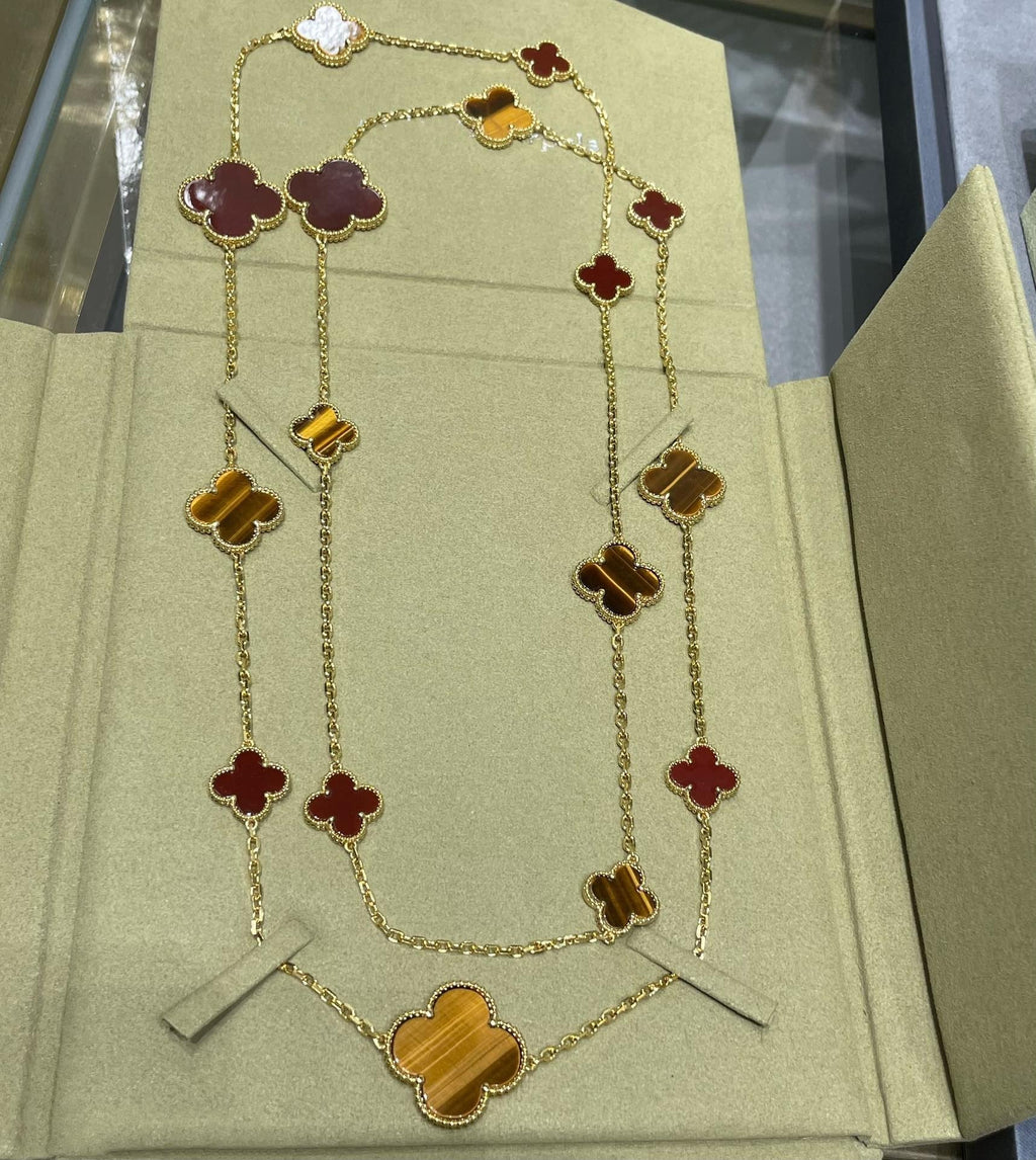 [LUXE JEWELRY]CLOVER 16 MOTIF CARNELIAN TIGER EYE ROSE GOLD NECKLACE