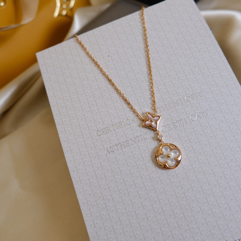 [LUXE JEWELRY]STAR AND SUN WHITE MOP 2 MOTIF PINK GOLD NECKLACE