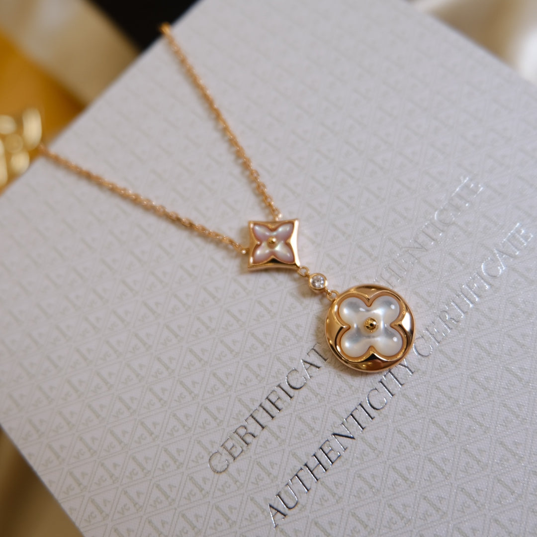 [LUXE JEWELRY]STAR AND SUN WHITE MOP 2 MOTIF PINK GOLD NECKLACE