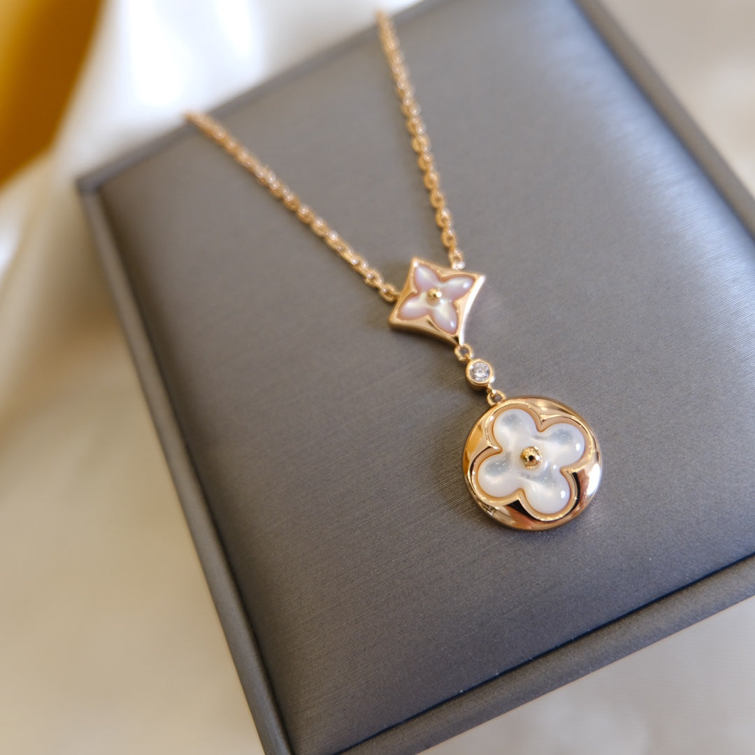 [LUXE JEWELRY]STAR AND SUN WHITE MOP 2 MOTIF PINK GOLD NECKLACE