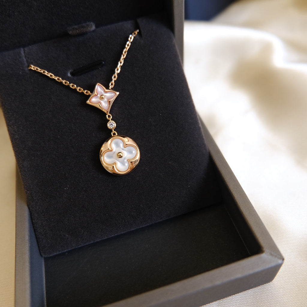 [LUXE JEWELRY]STAR AND SUN WHITE MOP 2 MOTIF PINK GOLD NECKLACE