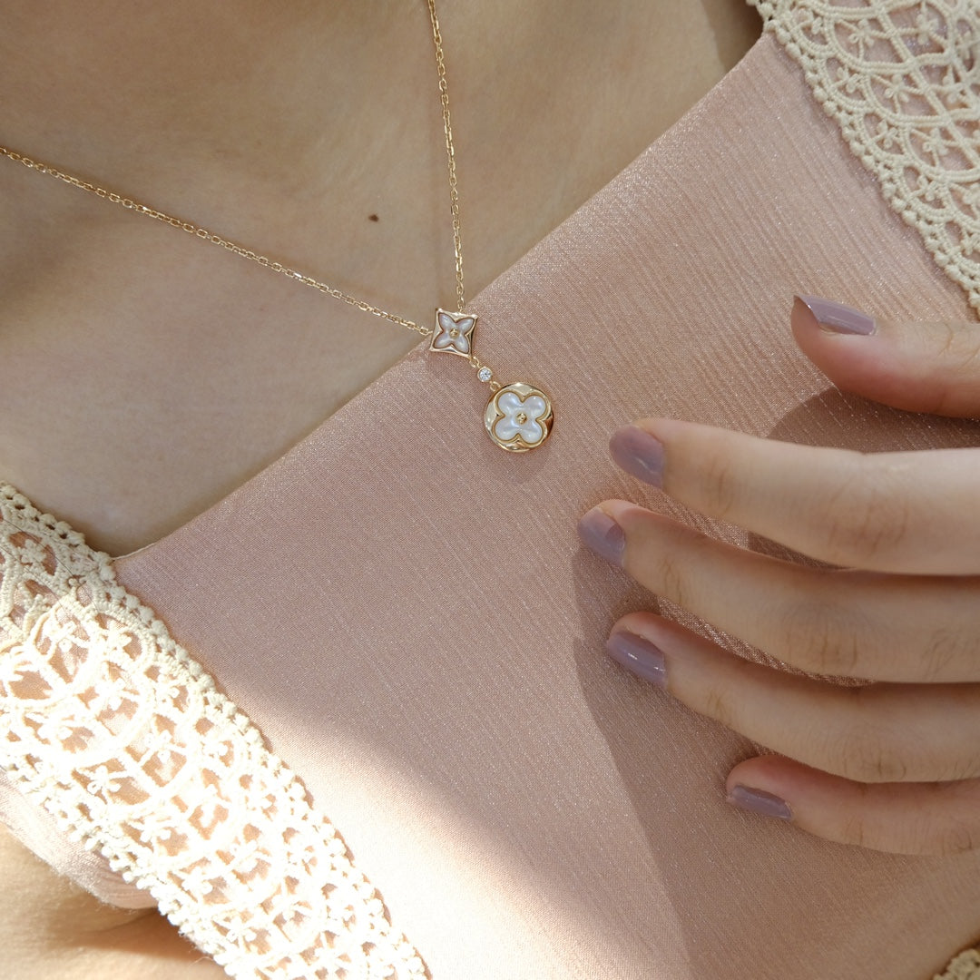 [LUXE JEWELRY]STAR AND SUN WHITE MOP 2 MOTIF PINK GOLD NECKLACE