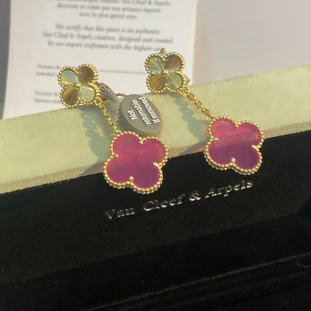 [LUXE JEWELRY]NEW CLOVER 2 MOTIF PINK ENAMEL EARRINGS