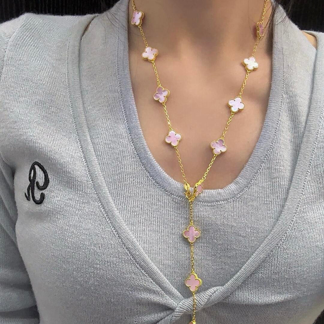 [LUXE JEWELRY]CLOVER 20 MOTIFS PINK MOP NECKLACE