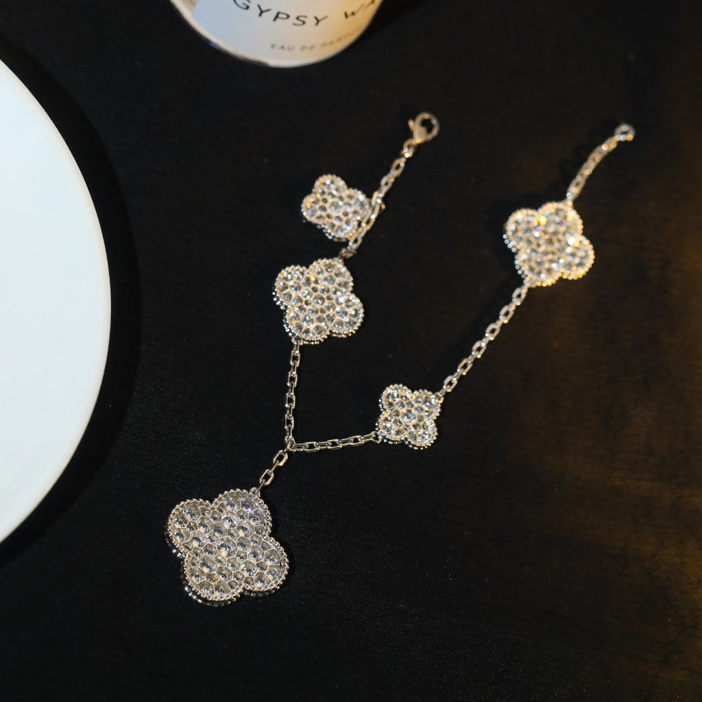 [LUXE JEWELRY]CLOVER BRACELET 5 MOTIF SILVER DIAMOND PAVED