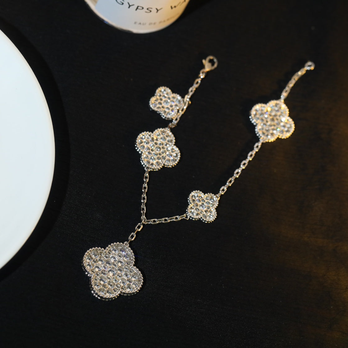 [LUXE JEWELRY]CLOVER BRACELET 5 MOTIF SILVER DIAMOND PAVED