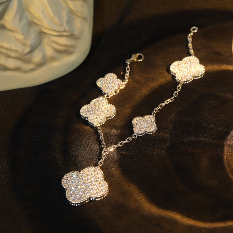 [LUXE JEWELRY]CLOVER BRACELET 5 MOTIF SILVER DIAMOND PAVED